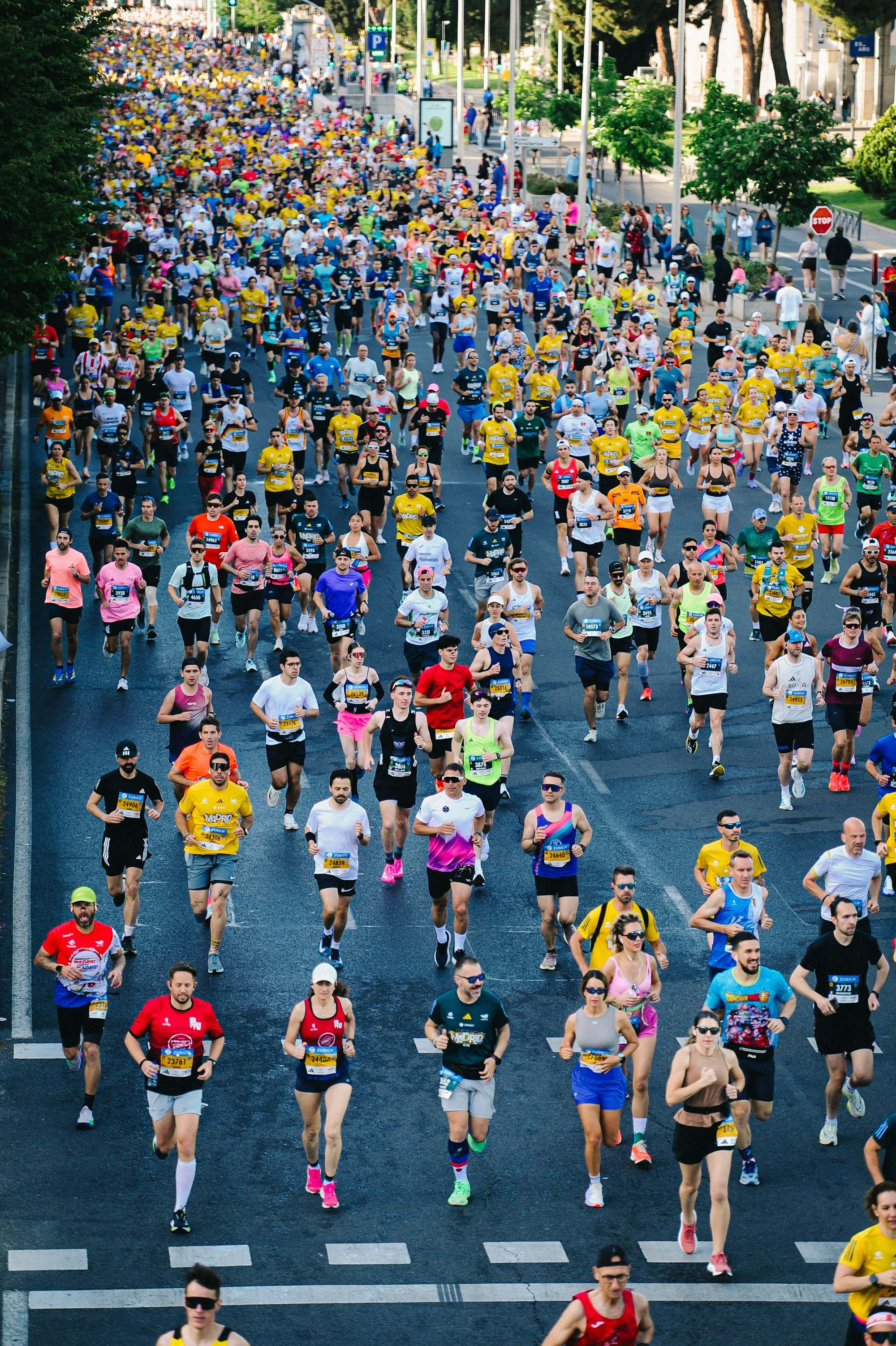 Großes Teilnehmerfeld bei einem Marathon, von oben auf die Straße fotografiert